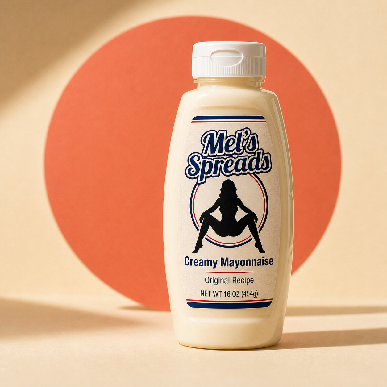 A bottle of Mel's Spreads Creamy Mayonnaise with its seated silhouette logo